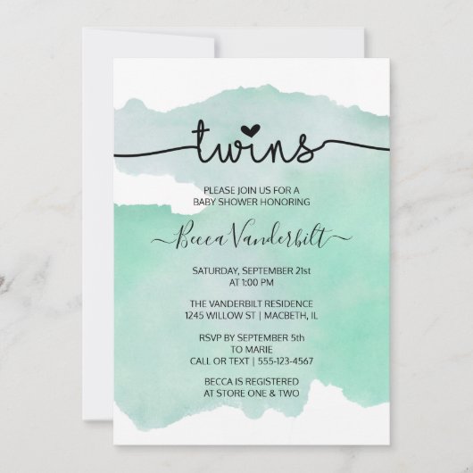 Invitation Baby shower vert Watercolor Twins (Devant)