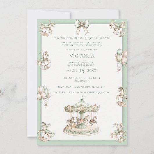 Invitation Baby shower vert Whimsical Carousel Sage (Devant)