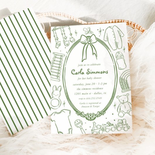 Invitation Baby shower Vert Whimsical Toile De Jouy