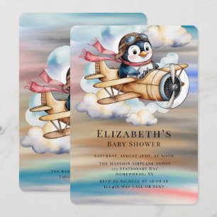 Invitation Baby Shower Vintage Airplane Penguin Garçon