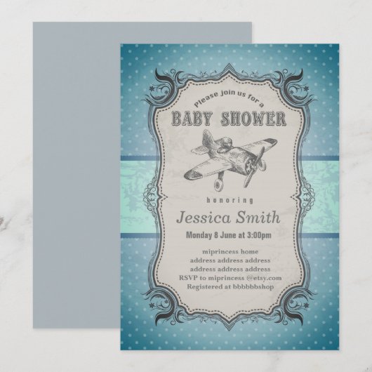 Invitation BABY SHOWER vintage - avion (Devant / Derrière)
