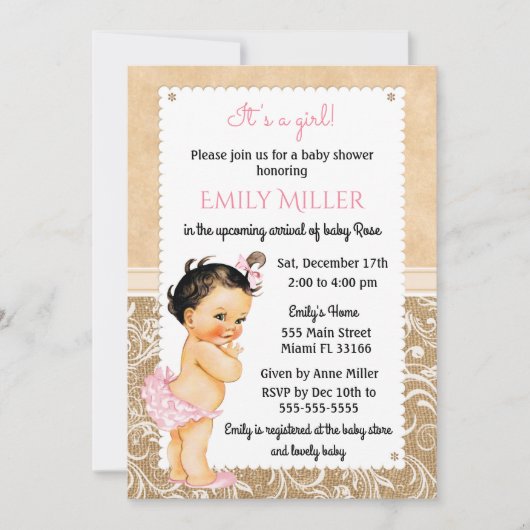 Invitation Baby shower vintage Baby Burlap (Devant)