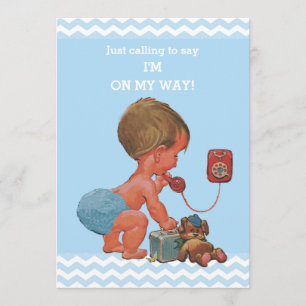 Invitation Baby shower Vintage Baby on Phone Blue Chevrons