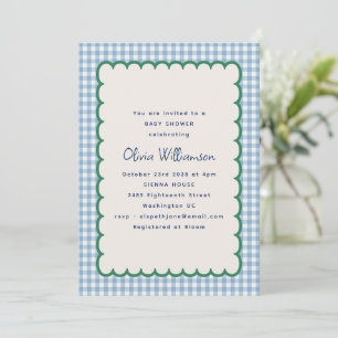 Invitation Baby Shower Vintage Bleu à Carreaux Verts en Coqui