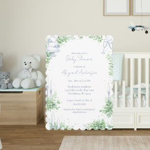 Invitation Baby Shower Vintage Bleu à Motif de Feuillage à Bo