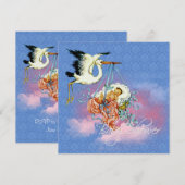 Invitation Baby-Shower Vintage Bleu Cigogne (Devant / Derrière)