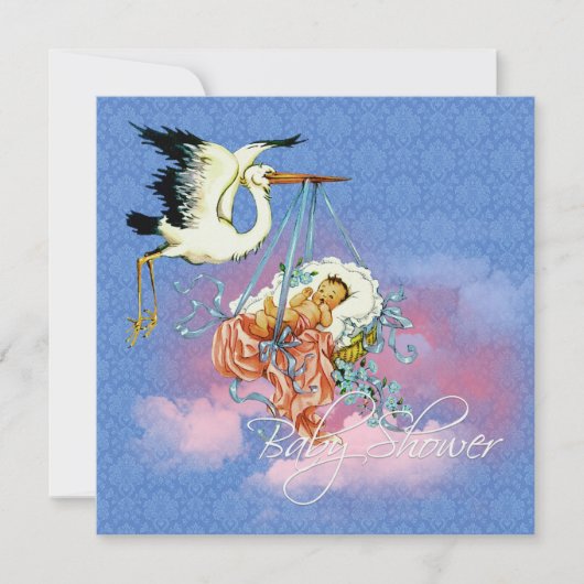 Invitation Baby-Shower Vintage Bleu Cigogne (Devant)