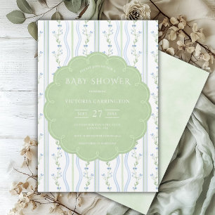 Invitation Baby shower Vintage bleu et vert Floral
