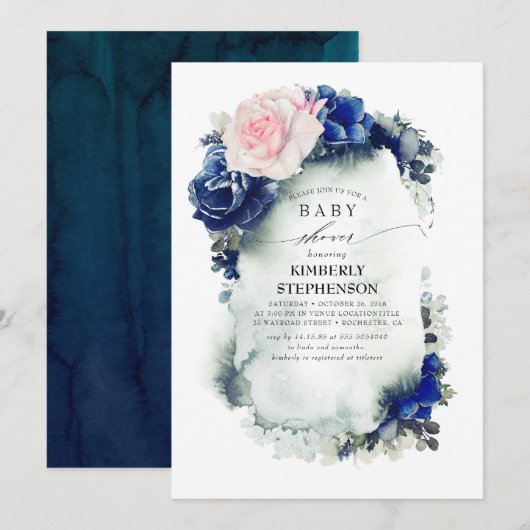 Invitation Baby shower Vintage bleu marine et rose (Devant / Derrière)