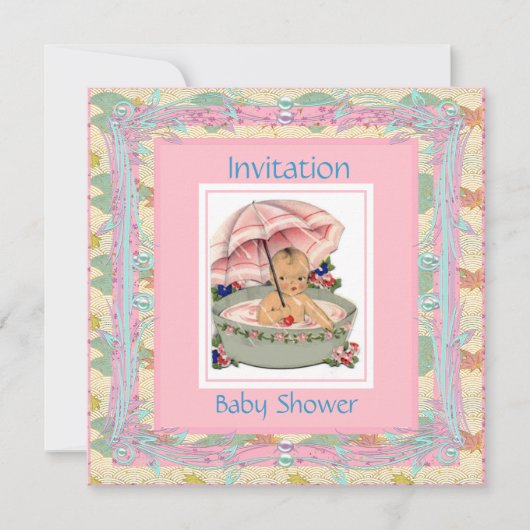 Invitation Baby shower vintage bleu rose (Devant)