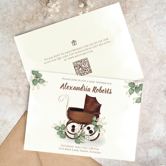 Invitation Baby shower Vintage Carriage Vert