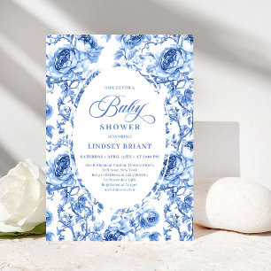Invitation Baby Shower Vintage Chic Navy Toile de Jouy Roses