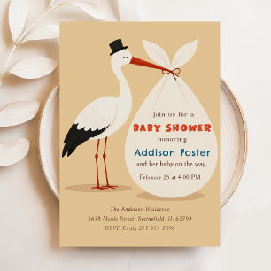 Invitation Baby-Shower Vintage Classique Cigogne Genre Neutre