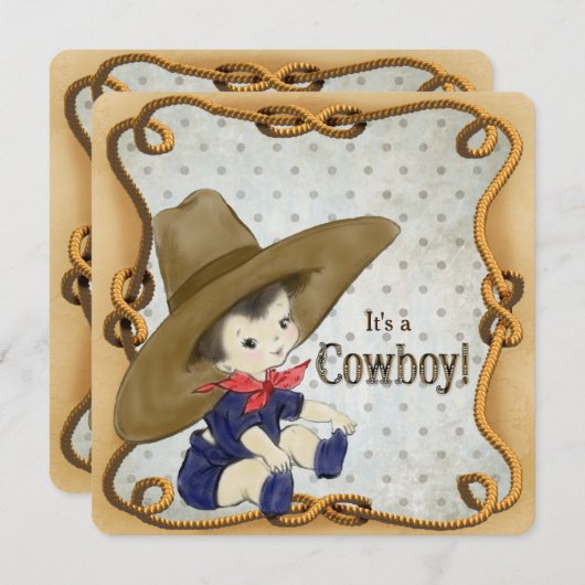 Invitation Baby shower vintage Cowboy (Devant / Derrière)