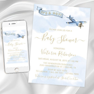 Invitation Baby shower vintage d'avion Boy Blue Gold