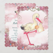 Invitation Baby shower vintage de cigogne rose (Devant / Derrière)