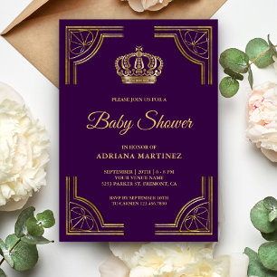 Invitation Baby shower vintage de Couronne orné d'or violet