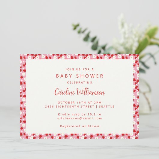 Invitation Baby shower vintage de fraises rouges roses (Debout devant)