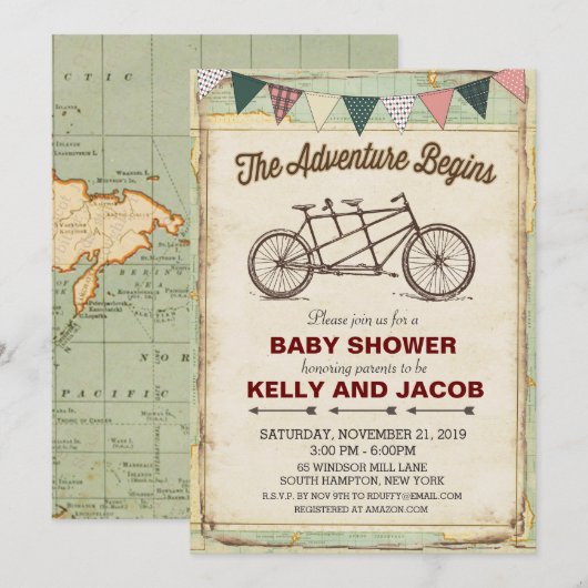 Invitation Baby shower vintage de voyage à vélo (Devant / Derrière)