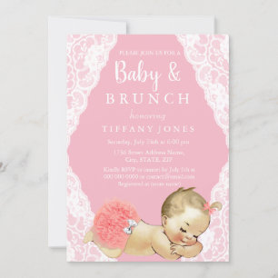 Invitation Baby shower Vintage dentelle rose blanche Brunch I