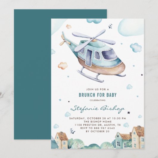 Invitation Baby shower vintage d'hélicoptère aquarelle Brunch (Devant / Derrière)