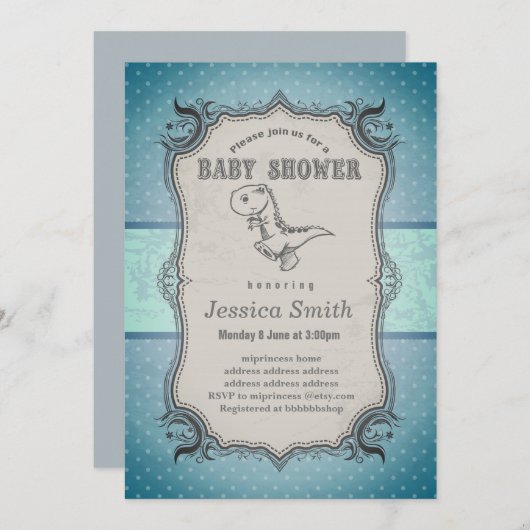 Invitation BABY SHOWER vintage - dinosaure (Devant / Derrière)