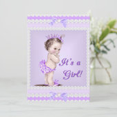 Invitation Baby shower vintage Fille Lilac Lavande Violet (Debout devant)