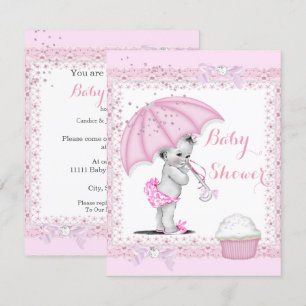 Invitation Baby Shower Vintage Fille Parapluie Rose Gâteau