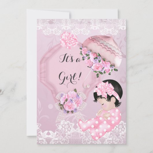 Invitation Baby shower vintage Fille Pink Parasol Roses (Devant)
