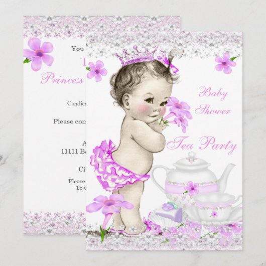 Invitation Baby shower vintage Fille Princesse Tea Party (Devant / Derrière)