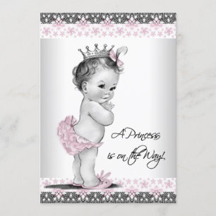 Invitation Baby shower vintage fille rose et gris