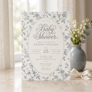 Invitation Baby-Shower Vintage Fleurie Toile de Jouy Verte