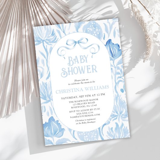 Invitation Baby shower Vintage Floral Bleu