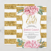 Invitation Baby shower Vintage Floral Gold Stripes (Devant / Derrière)