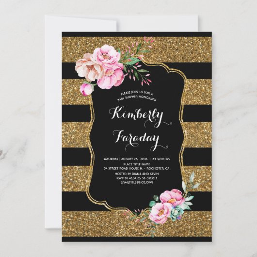 Invitation Baby shower Vintage Floral Gold Stripes (Devant)