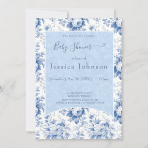 Invitation Baby shower vintage Floral Toile Bleu