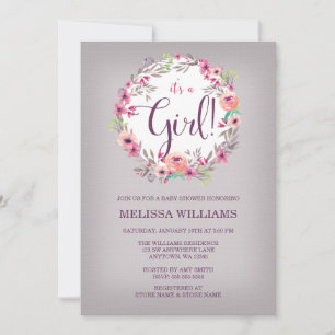 Invitation Baby shower Vintage Floral Watercolor Wreath Girl