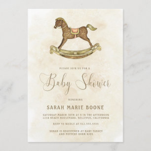 Invitation Baby shower vintage Gold Rocse Horse