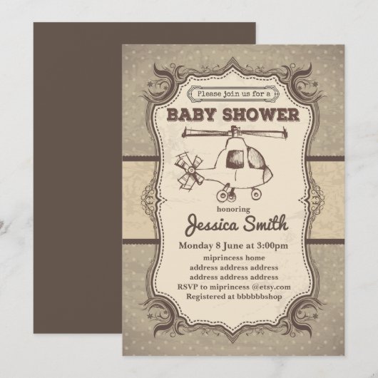 Invitation BABY SHOWER vintage - Hélicoptères (Devant / Derrière)