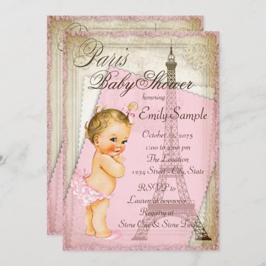 Invitation Baby shower vintage Paris (Devant / Derrière)