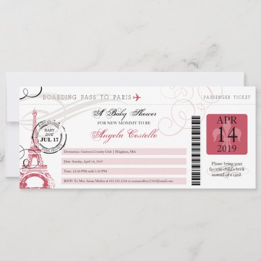 Invitation Baby shower Vintage Paris Boarding Pass (Devant)
