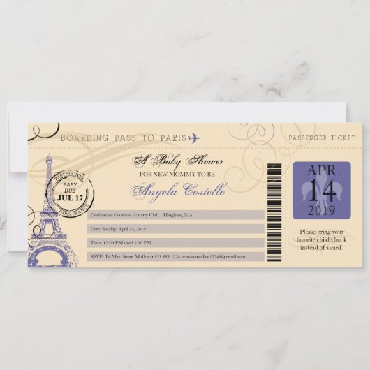Invitation Baby shower Vintage Paris Boarding Pass (Devant)