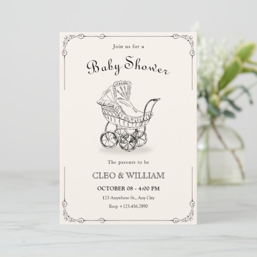 Invitation baby shower vintage pour bébé (Debout devant)