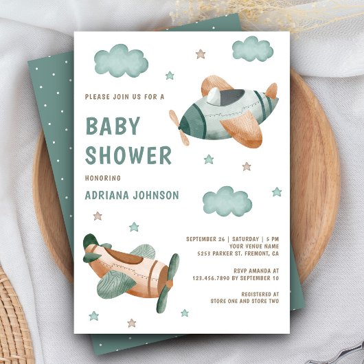 Invitation Baby shower vintage Retro Cute Green Airplanes