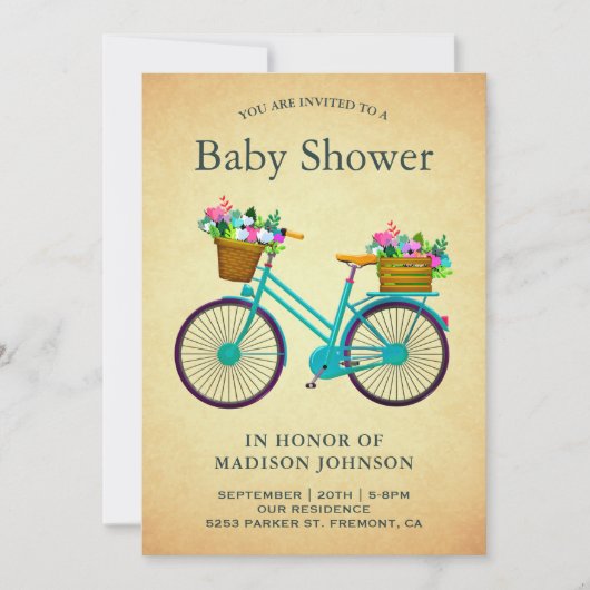 Invitation Baby shower vintage Retro Turquoise Floral (Devant)