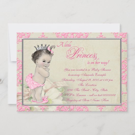 Invitation Baby shower Vintage rose Damask (Devant)