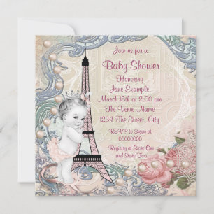 Invitation Baby shower vintage rose et bleu sarcelle Paris