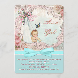 Invitation Baby shower Vintage rose et bleu Turquoise