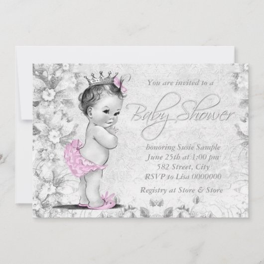 Invitation Baby shower Vintage rose et gris (Devant)