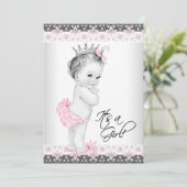 Invitation Baby shower vintage rose et gris (Debout devant)